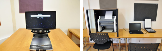 a figura 1 apresenta um ampliador de mesa e a figura 2 apresenta uma Impressora Braille, um portátil com software específico e scanner de mesa, todos os equipamentes estão instalados na sala multimedia e de apoio a alunos com NEE 